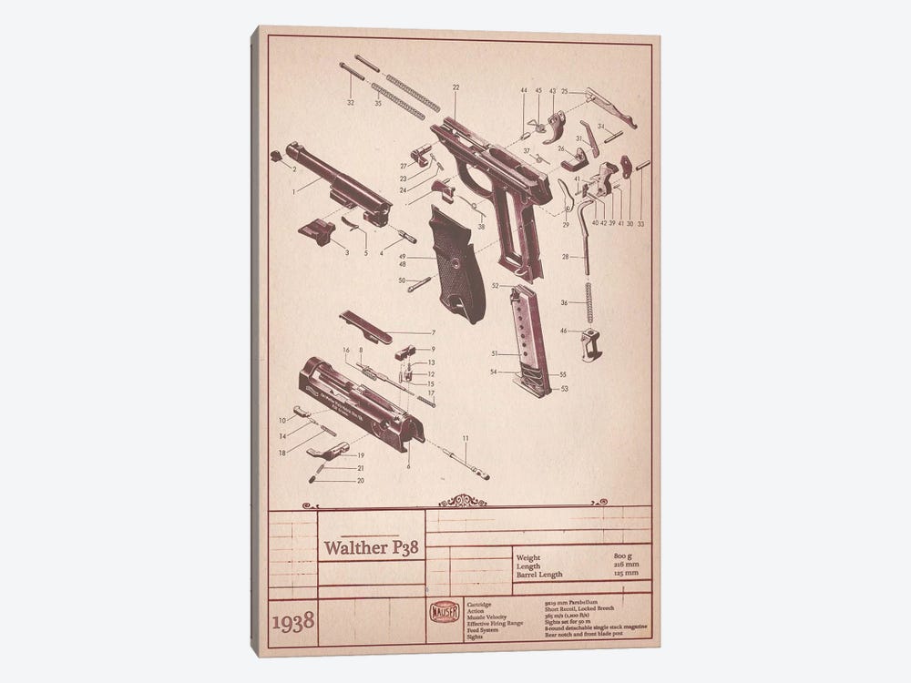 Walther P38 Diagram by 5by5collective 1-piece Art Print