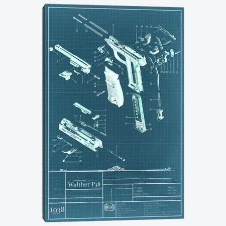 Walther P38 Blueprint Diagram Canvas Print #ICA950} by 5by5collective Canvas Wall Art