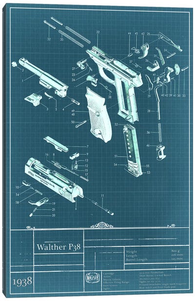 Walther P38 Blueprint Diagram Canvas Art Print - Weapon Blueprints