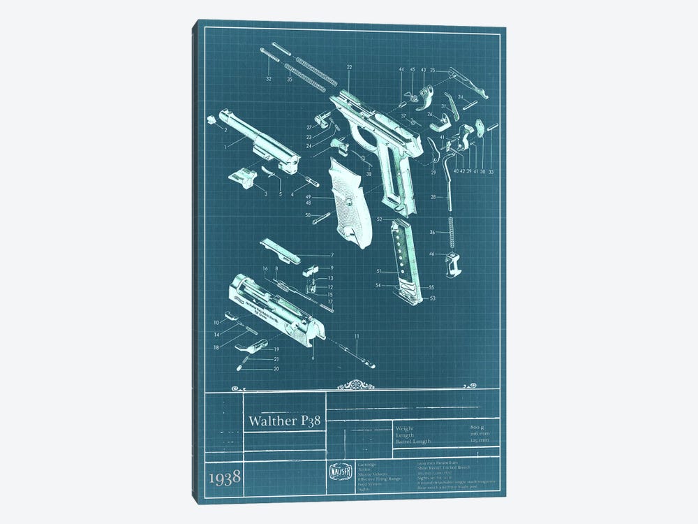 Walther P38 Blueprint Diagram by 5by5collective 1-piece Canvas Print
