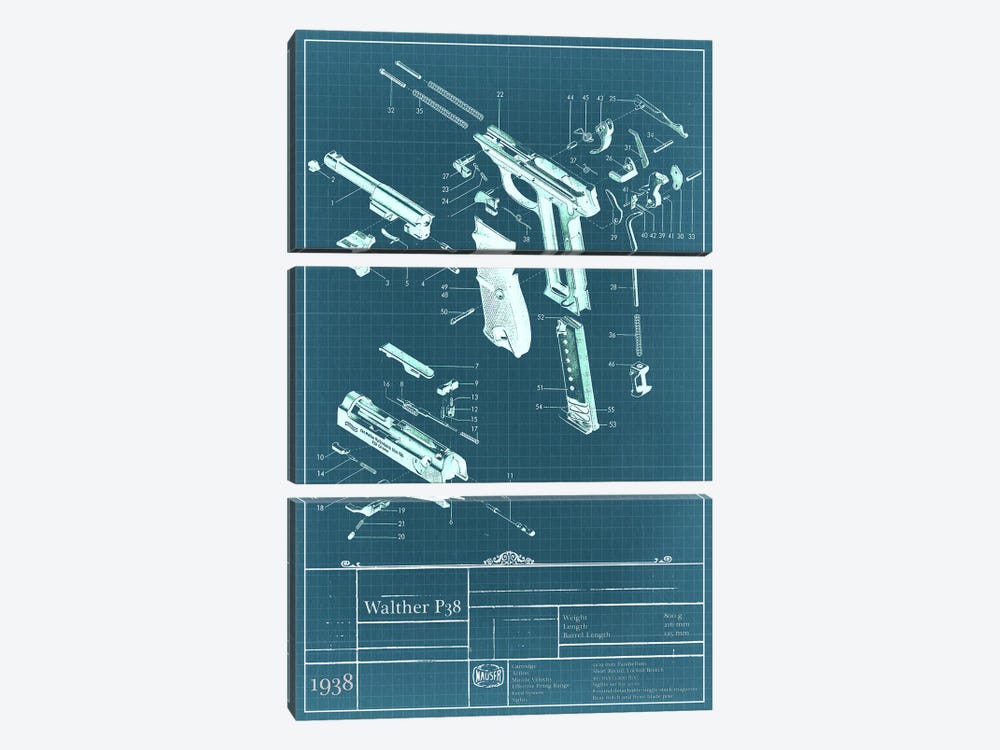 Walther P38 Blueprint Diagram by 5by5collective 3-piece Art Print