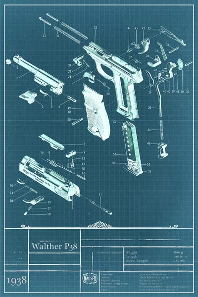 Weapon Blueprints: Walther P38 Blueprint Diagram by 5by5collective
