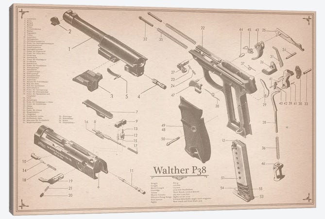 Walther P38 Diagram 2 Canvas Print #ICA951} by 5by5collective Canvas Artwork