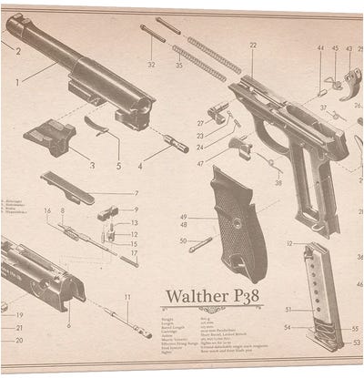 Walther P38 Diagram 2 Canvas Art Print - Blueprints & Patent Sketches