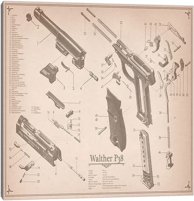Walther P38 Diagram 2 Canvas Art Print - Weapon Blueprints