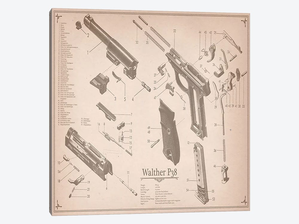 Walther P38 Diagram 2 by Unknown Artist 1-piece Canvas Wall Art