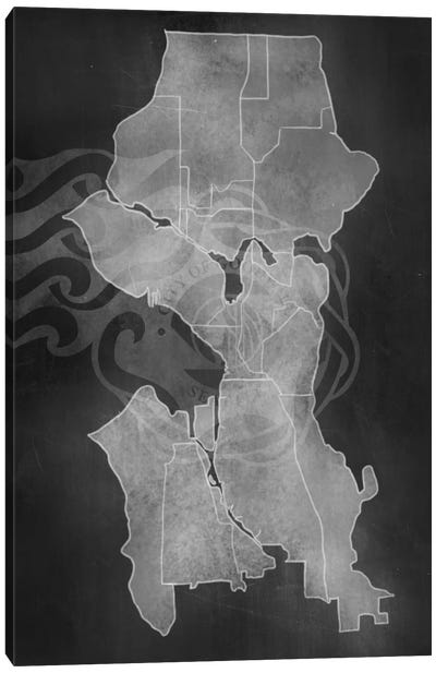 Seattle Chalk Map Canvas Art Print - Black & White Graphics & Illustrations