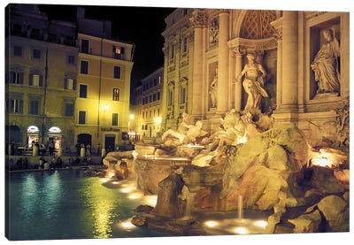 Nighttime Side-Angle View, Trevi Fountain, Rome, Lazio Region, Italy Canvas Art Print - Building & Skyscraper Art