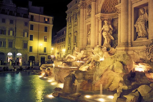 Sculptures & Statues: Nighttime Side-Angle View, Trevi Fountain, Rome, Lazio Region, Italy by Connie Ricca