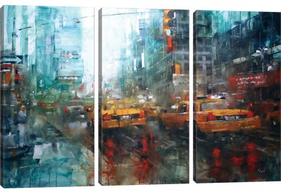 Times Square Reflections Canvas Art Print - 3-Piece Urban Art