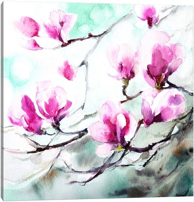Magnolia Spring Canvas Art Print - Green & Pink Art