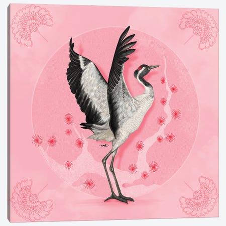Pink Crane Canvas Print #IDM9} by Indi Maverick Canvas Artwork