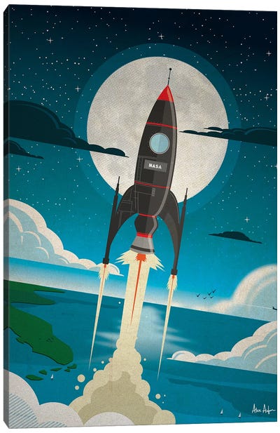 Rocket To The Moon Canvas Art Print - Kids Astronomy & Space Art