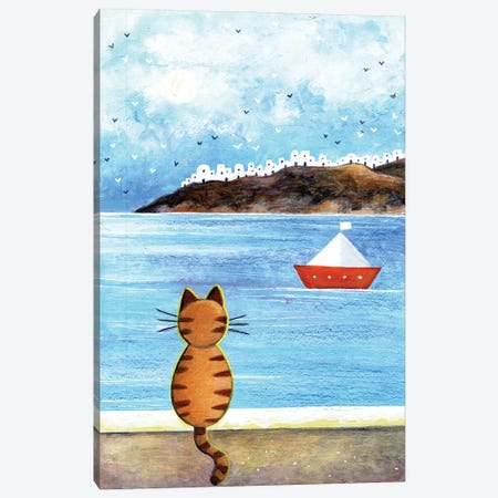 Cat Gazing The Sea Canvas Print #IGL30} by Irene Goulandris Canvas Artwork