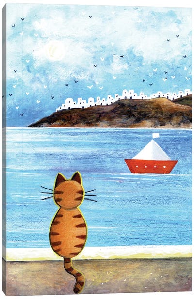 Cat Gazing The Sea Canvas Art Print - Irene Goulandris