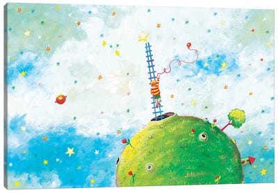 Boy Climbing To The Stars Canvas Art Print - Planet Art
