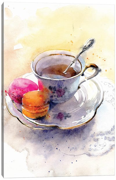The Cup Of Tea With Dessert Canvas Art Print - Macaron Art