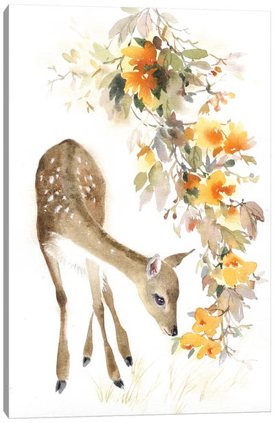 Fawn With A Branch Canvas Art Print - Marina Ignatova