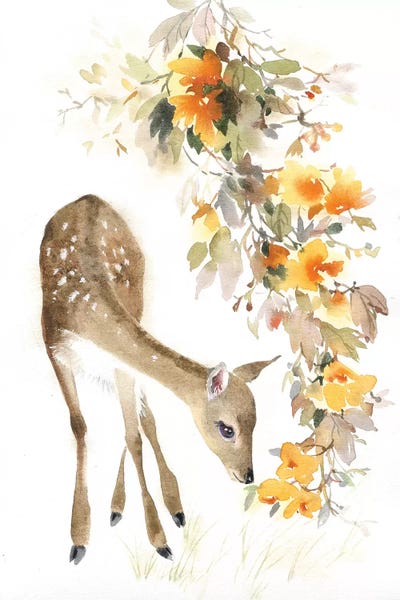 Serene Watercolors: Fawn With A Branch by Marina Ignatova