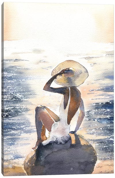 Woman On A Rock Canvas Art Print - Beach Décor