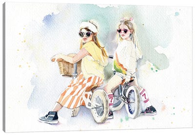 Girlfriends Canvas Art Print - Bicycle Art