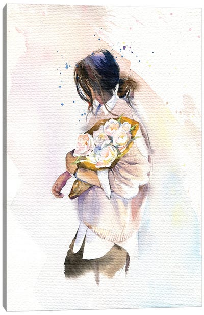 Girl With Flowers Canvas Art Print - Serene Watercolors
