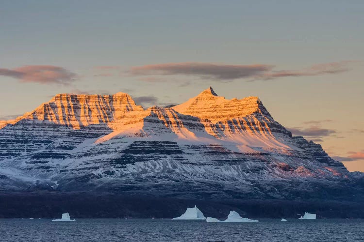 Greenland. Scoresby Sund. Gasefjord, Alpenglow on the mountain with iceberg.