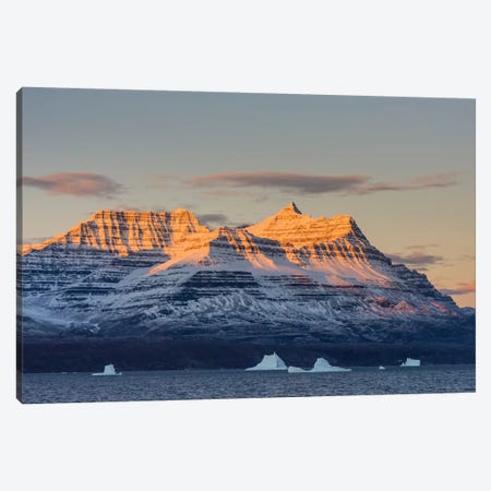 Greenland. Scoresby Sund. Gasefjord, Alpenglow on the mountain with iceberg. Canvas Print #IHO2} by Inger Hogstrom Canvas Artwork
