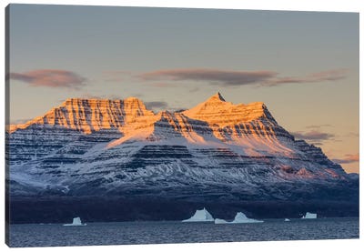 Greenland. Scoresby Sund. Gasefjord, Alpenglow on the mountain with iceberg. Canvas Art Print