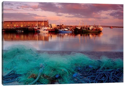 Kilronan Pier, Inishmore, Aran Islands, County Galway, Ireland; Docked Boats And Fishing Nets Canvas Art Print