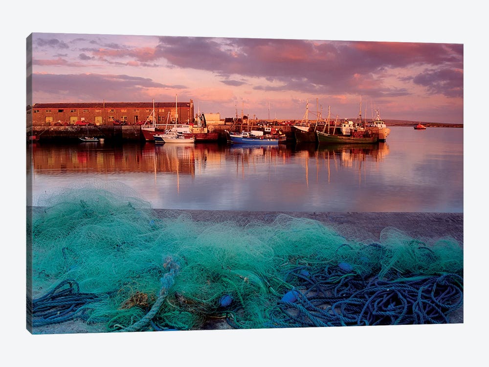 Kilronan Pier, Inishmore, Aran Islands, County Galway, Ireland; Docked Boats And Fishing Nets by Irish Image Collection 1-piece Canvas Artwork