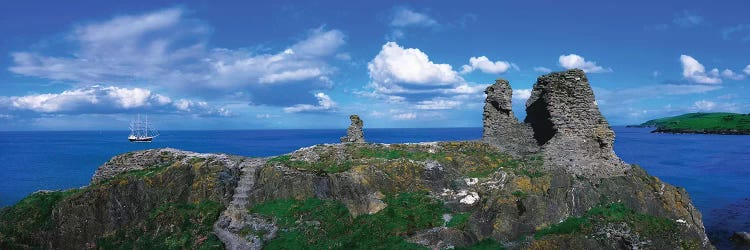 Black Castle, Wicklow Head, Co Wicklow, Ireland, 12Th Century Castle And Tall Ship In The Distance