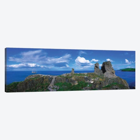 Black Castle, Wicklow Head, Co Wicklow, Ireland, 12Th Century Castle And Tall Ship In The Distance Canvas Print #IIM7} by Irish Image Collection Canvas Art