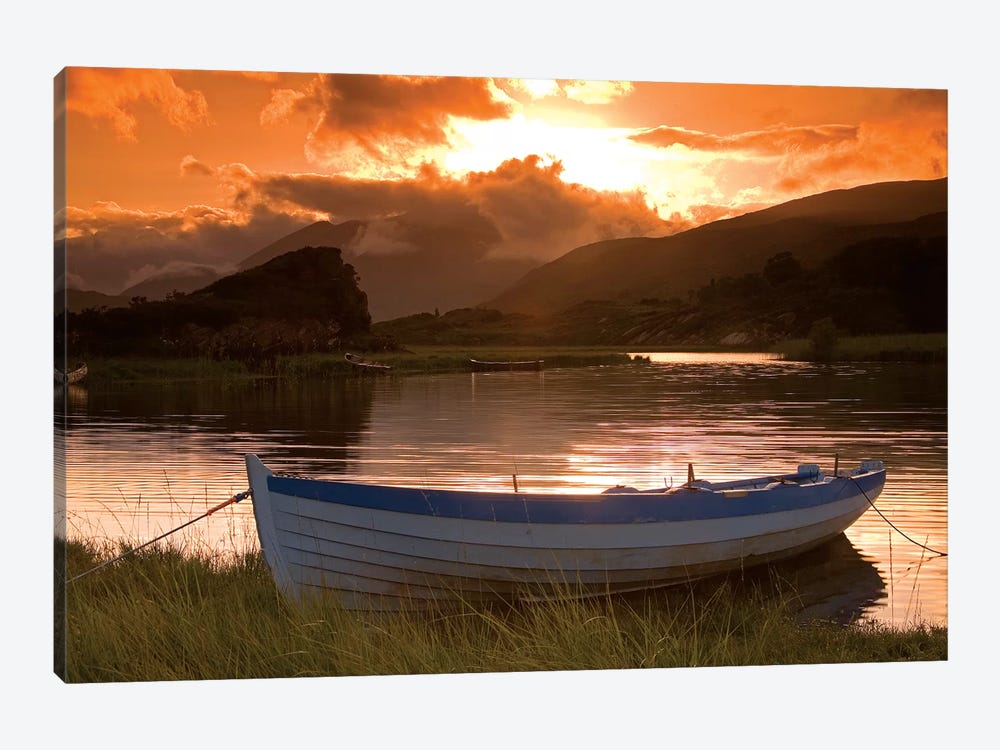 Upper Lake, Killarney National Park, County Kerry, Ireland; Boat At Sunset by Irish Image Collection 1-piece Canvas Print