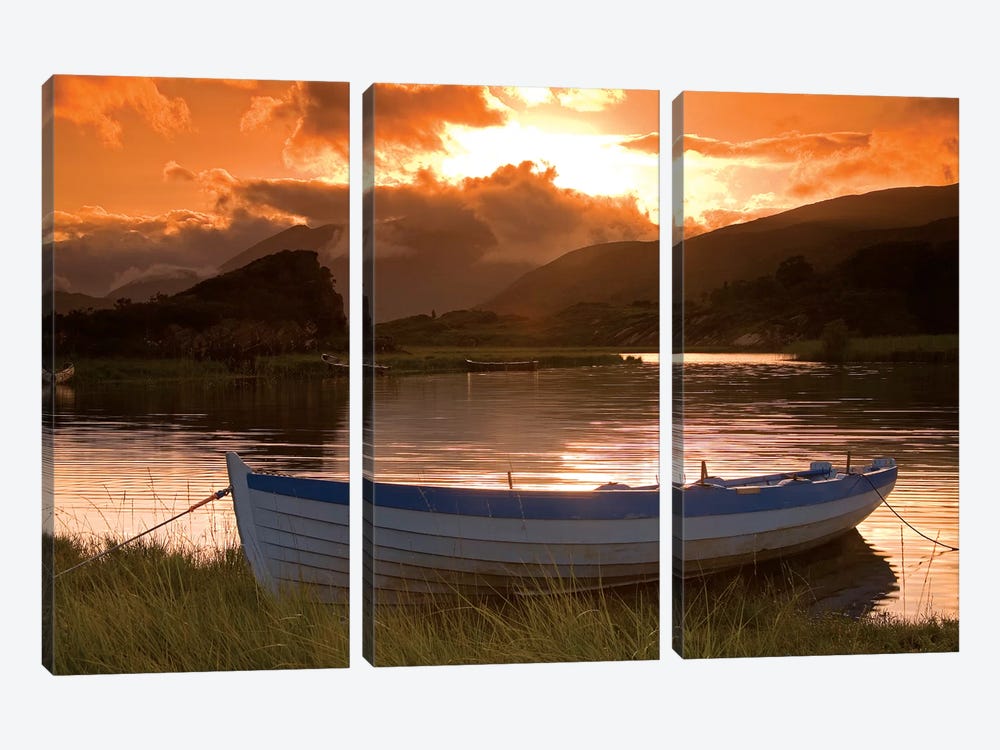 Upper Lake, Killarney National Park, County Kerry, Ireland; Boat At Sunset by Irish Image Collection 3-piece Canvas Art Print