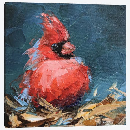 RED CARDINAL Winter Berries Painting Oil Impasto Textured Original Art  White Red Blue square canvas Christmas gift idea