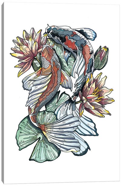 Koi Fishes And Waterlilies I Canvas Art Print - Koi Fish Art