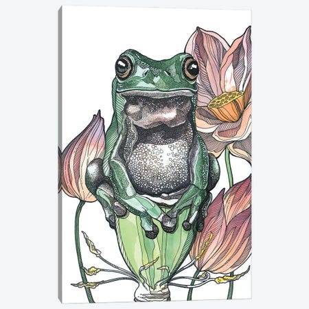 Tree Frog And Lotus Canvas Print #IMN19} by Irene Meniconi Canvas Wall Art