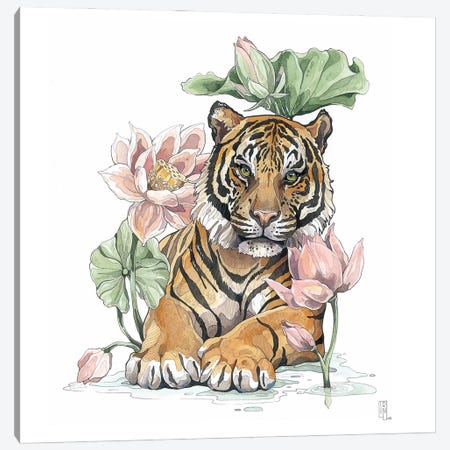 Tiger And Lotus Canvas Print #IMN39} by Irene Meniconi Canvas Art