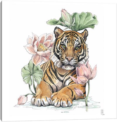 Tiger And Lotus Canvas Art Print - Irene Meniconi