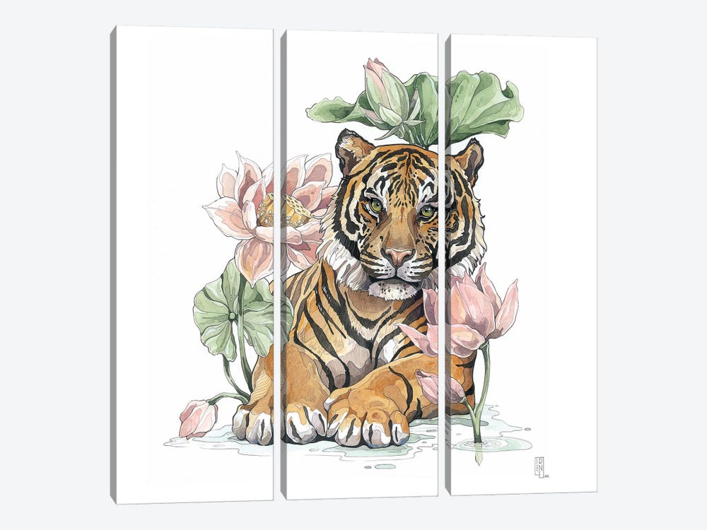 Tiger And Lotus by Irene Meniconi 3-piece Canvas Art Print