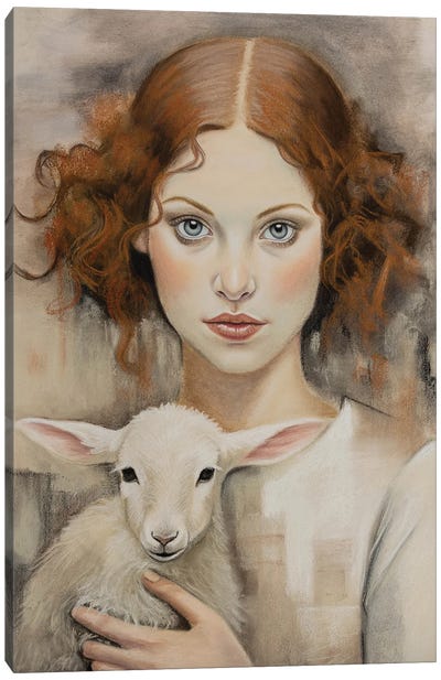 Girl With A Lamb Canvas Art Print - Tan Art