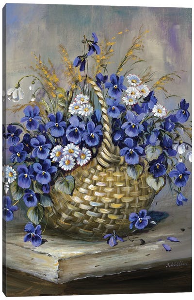 Basket In Blue Canvas Art Print - Blue & Gold Art