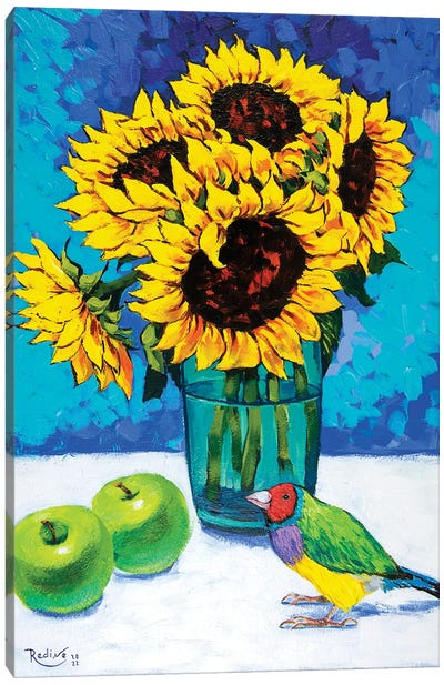 Sunflowers And Gouldian Finch Canvas Art Print - Apple Art