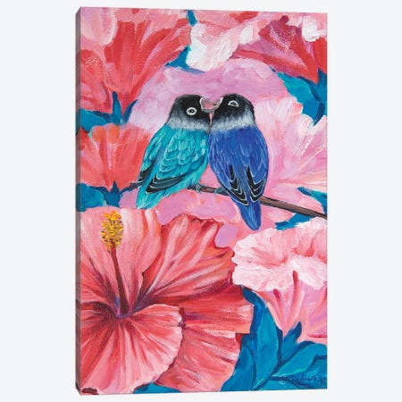 Lovebirds And Hibiscus Canvas Print #INR2} by Irina Redine Canvas Art