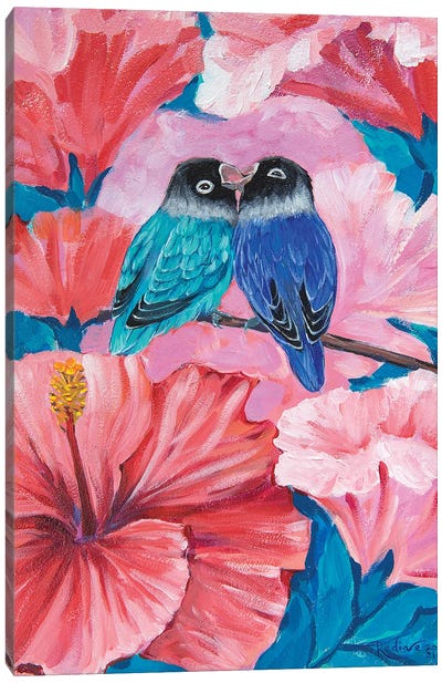 Lovebirds And Hibiscus Canvas Art Print - Irina Redine