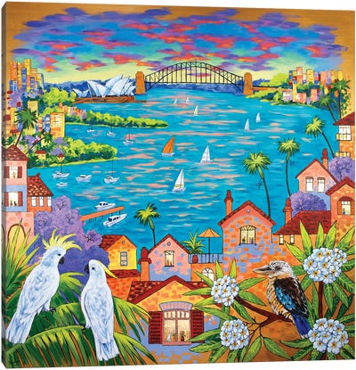 Australia, Sydney Abstract Landscape With Cockatoos And Kookaburra Canvas Art Print - Cockatoos