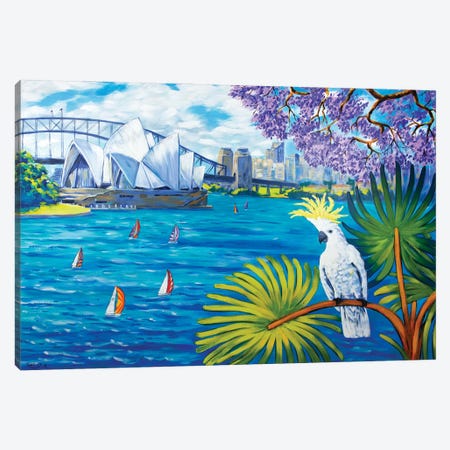 Sydney Landscape With Cockatoo And Jacaranda Canvas Print #INR35} by Irina Redine Canvas Art Print