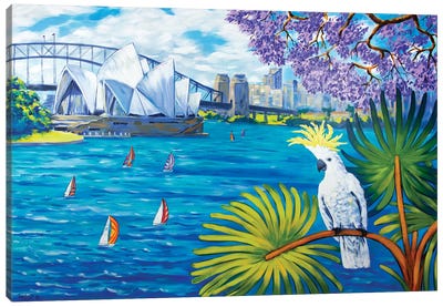 Sydney Landscape With Cockatoo And Jacaranda Canvas Art Print - Irina Redine