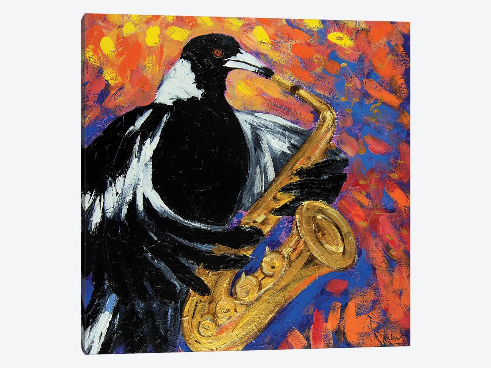Fancy Magpie With Saxophone by Irina Redine 1-piece Canvas Artwork